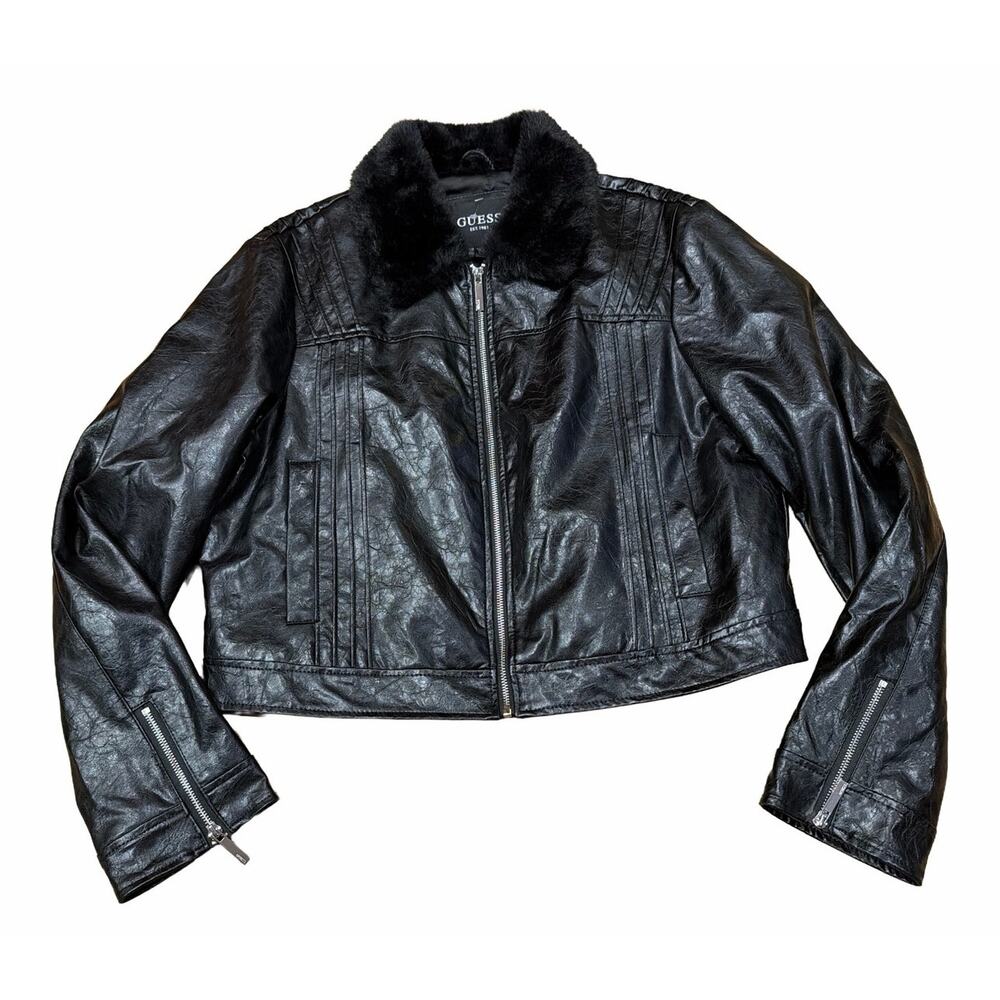 NWT Guess faux leather biker jacket Black moto faux fur Womens XL IndieSleaze